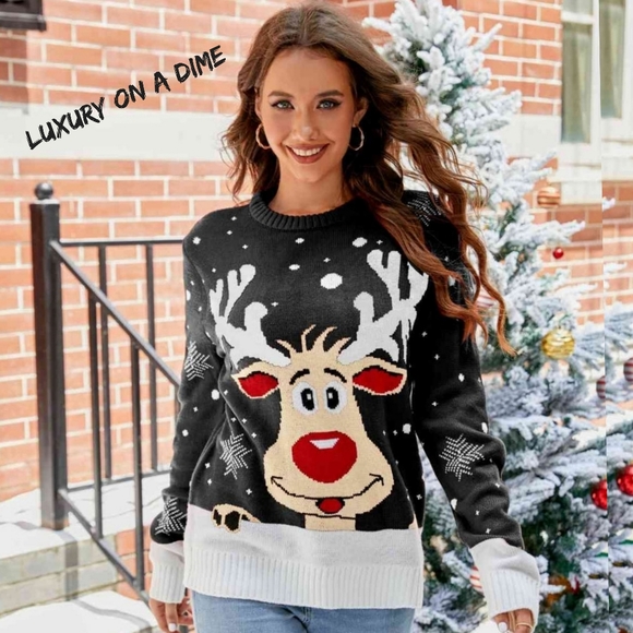 Rudolph Reindeer Winter Holiday Classic Long Sleeve Christmas Knit Sweater Top - Picture 2 of 9